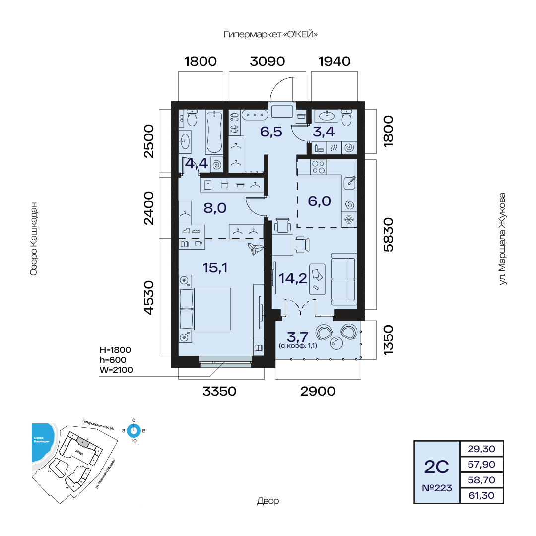 Планировка 2-комнатная квартира 58,7 м² в ЖК «Атлантис», 3 этаж — 11 595 500 ₽
