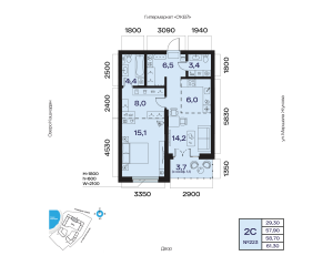 Планировка 2-комнатные 58,7 м²
