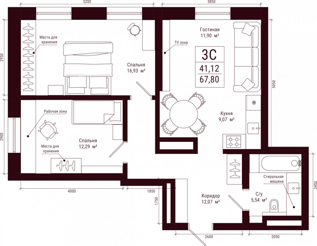 Планировка: 3-комн. квартира, 67.8 м²