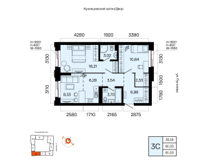 Планировка 3-комнатные 61 м²