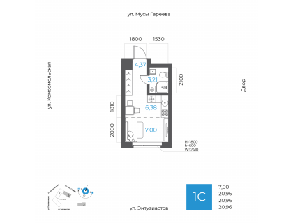 Планировка 1-комн. · 21 м²