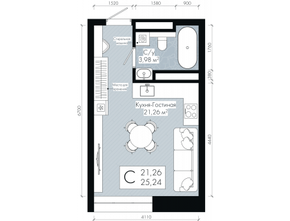 Планировка Студия · 25.2 м²