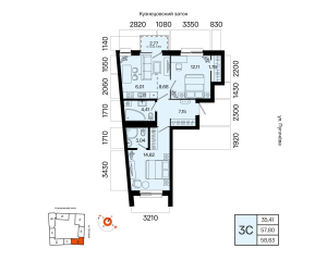 Планировка 3-комнатные 58,6 м²