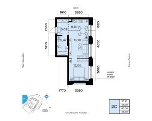 Планировка 2-комнатные 43,6 м²