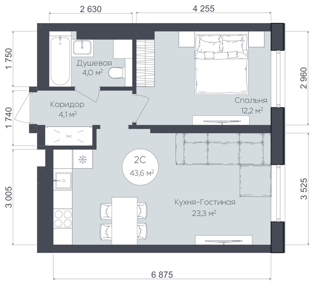 Планировка: 2-комн. квартира, 43.6 м²