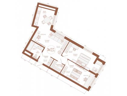 Планировка 3-комн. · 73.7 м²