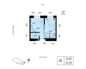 Планировка 2-комнатные 42,1 м²