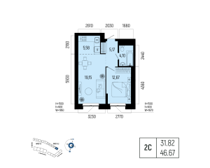 Планировка 2-комнатные 46,7 м²