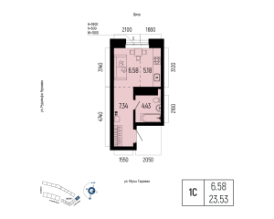 Планировка 1-комнатные 23,5 м²
