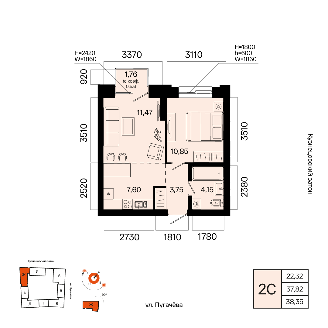 Планировка 2-комнатная квартира 38,4 м² в ЖК «Первый Остров», 6 этаж — 8 325 300 ₽