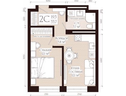 Планировка 2-комн. · 33.7 м²