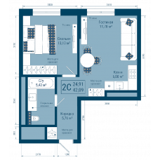 Планировка: 2-комн. квартира, 42.1 м²