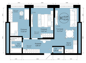 3-комн. · 62.5 м²