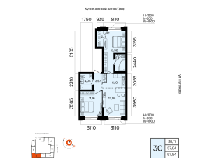 Планировка 3-комнатные 57,8 м²