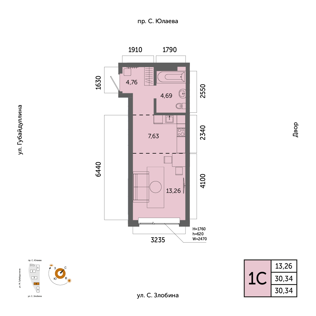 Планировка 1-комнатная квартира 30,3 м² в ЖК «Урбаника», 6 этаж — 7 488 300 ₽