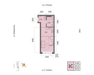 Планировка 1-комнатные 30,3 м²