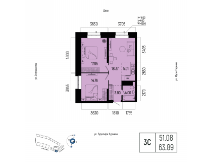 Планировка 3-комн. · 63.9 м²
