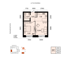 Планировка 2-комнатные 39,6 м²