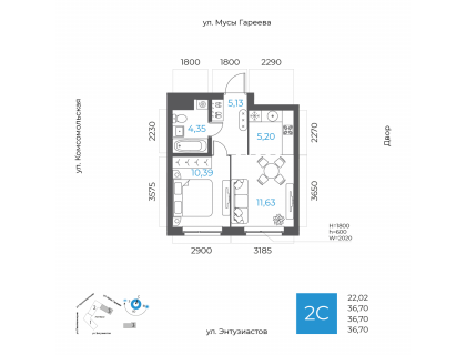 Планировка 2-комн. · 36.7 м²