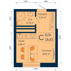 Планировка: Студия, 18.8 м²