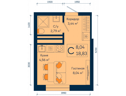 Планировка Студия · 18.8 м²