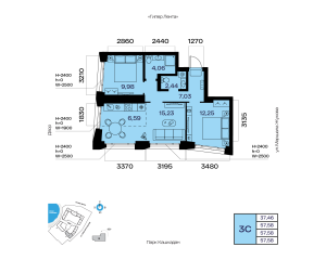 Планировка 3-комнатные 57,6 м²