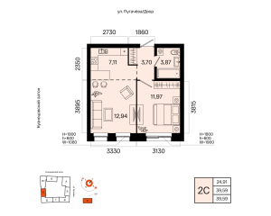 Планировка 2-комнатные 39,6 м²
