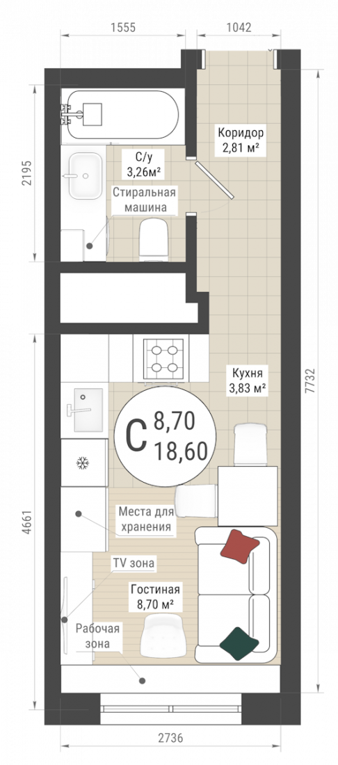 Планировка Студия 18,6 м² в ЖК «Серп и молот», 18 этаж — 4 569 811 ₽