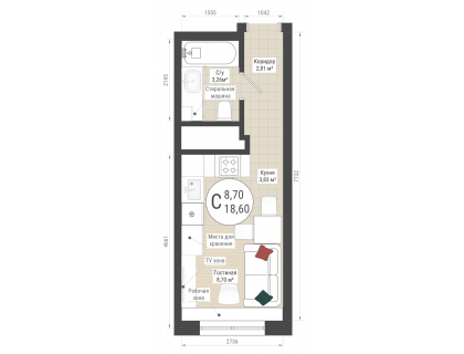 Планировка Студия · 18.6 м²