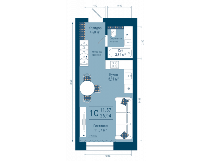 Планировка 1-комн. · 26.9 м²