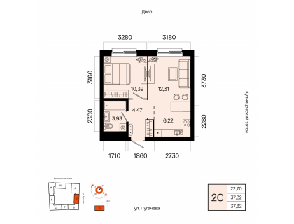 Планировка 2-комн. · 37.3 м²