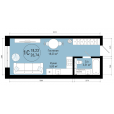 Планировка: 1-комн. квартира, 26.7 м²