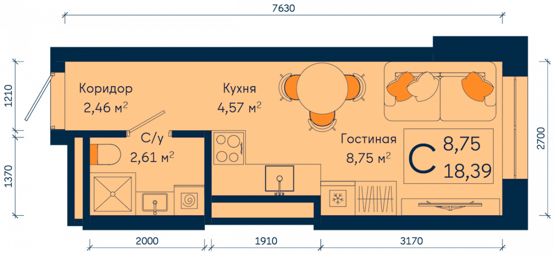 Планировка: Студия, 18.4 м²