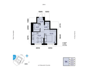 Планировка 1-комнатные 36,8 м²