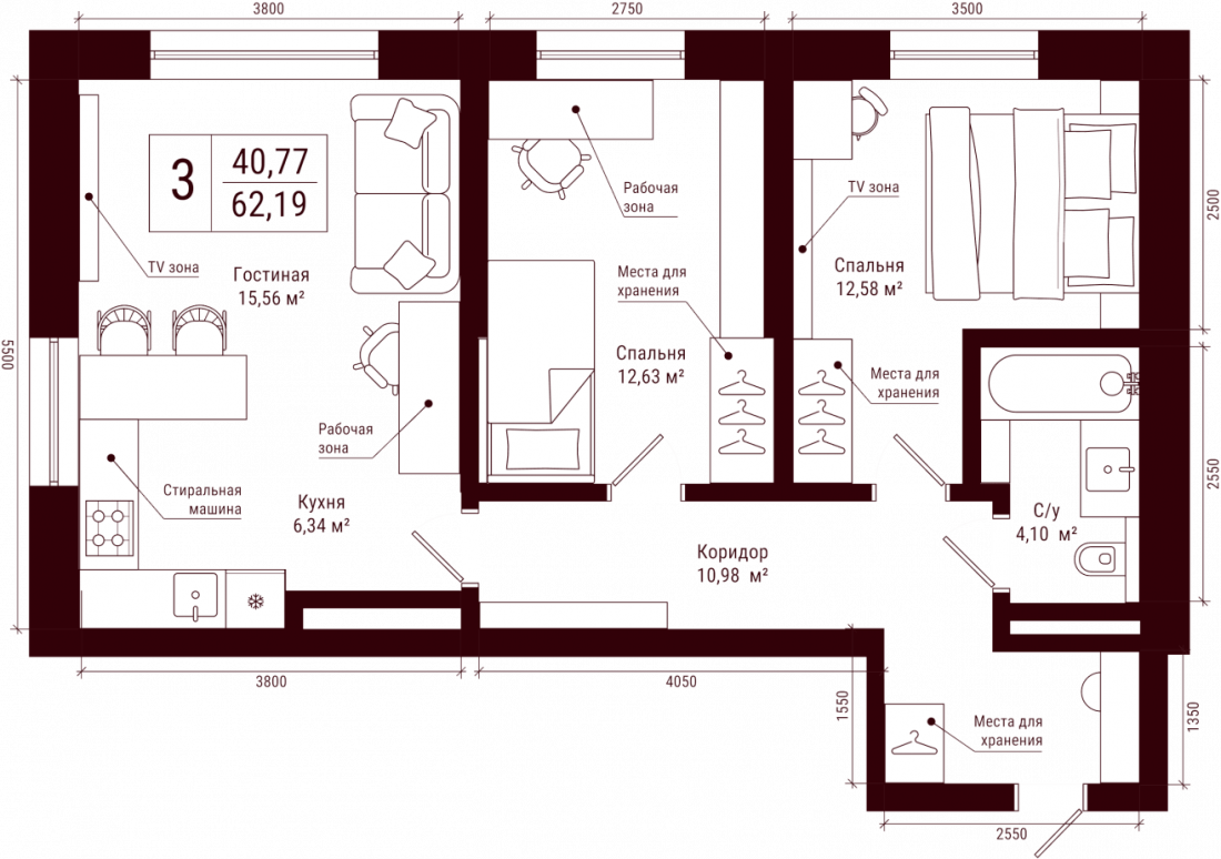 Планировка: 3-комн. квартира, 62.2 м²