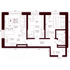 Планировка: 3-комн. квартира, 62.2 м²