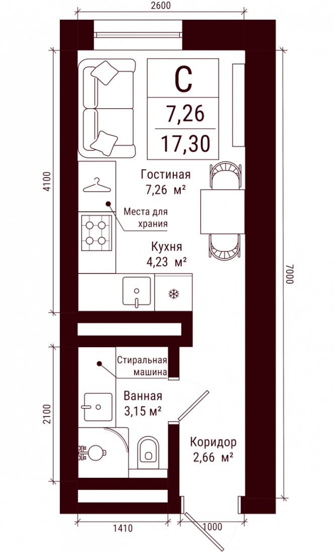 Планировка: Студия, 17.3 м²