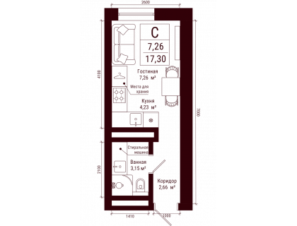 Планировка Студия · 17.3 м²