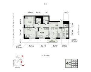 Планировка 4-комнатные 73,9 м²