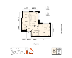 Планировка 2-комнатные 55,1 м²