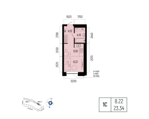 Планировка 1-комнатные 23,3 м²