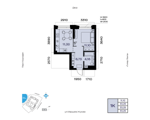 Планировка 1-комнатные 33,3 м²