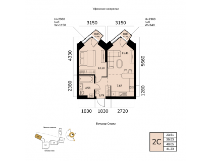 Планировка 2-комн. · 40.1 м²
