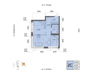 Планировка 2-комнатные 43,9 м²