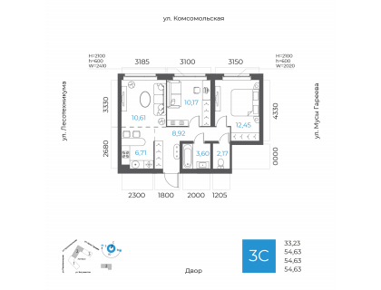 Планировка 3-комн. · 54.6 м²