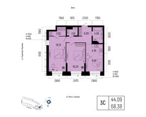 Планировка 3-комнатные 68,4 м²