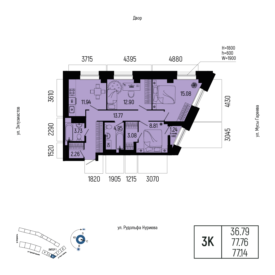 Планировка 3-комнатная квартира 77,1 м² в ЖК «Новатор», 6 этаж — 14 681 500 ₽