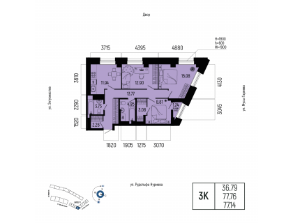 Планировка 3-комн. · 77.1 м²