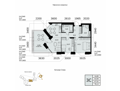 Планировка 3-комн. · 67.9 м²