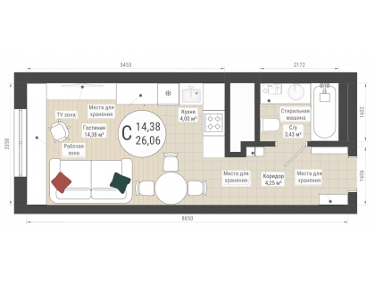 Планировка Студия · 26.1 м²